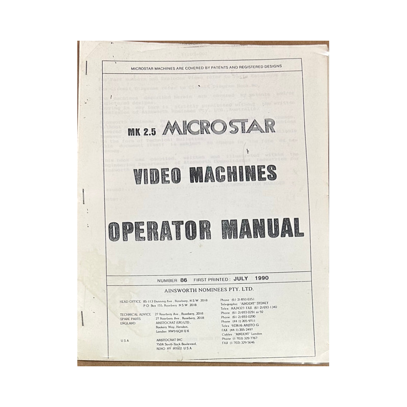 Ainsworth Micro Star MK 2.5 video machine operator manual
