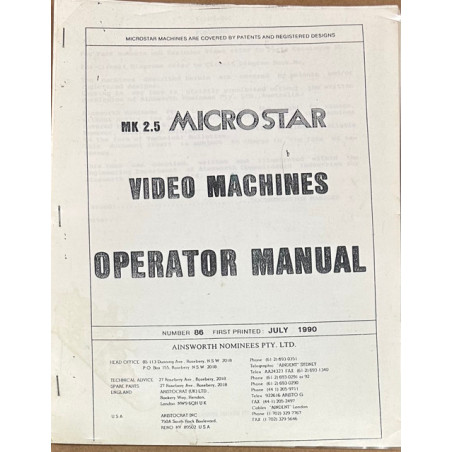 Ainsworth Micro Star MK 2.5 video machine operator manual